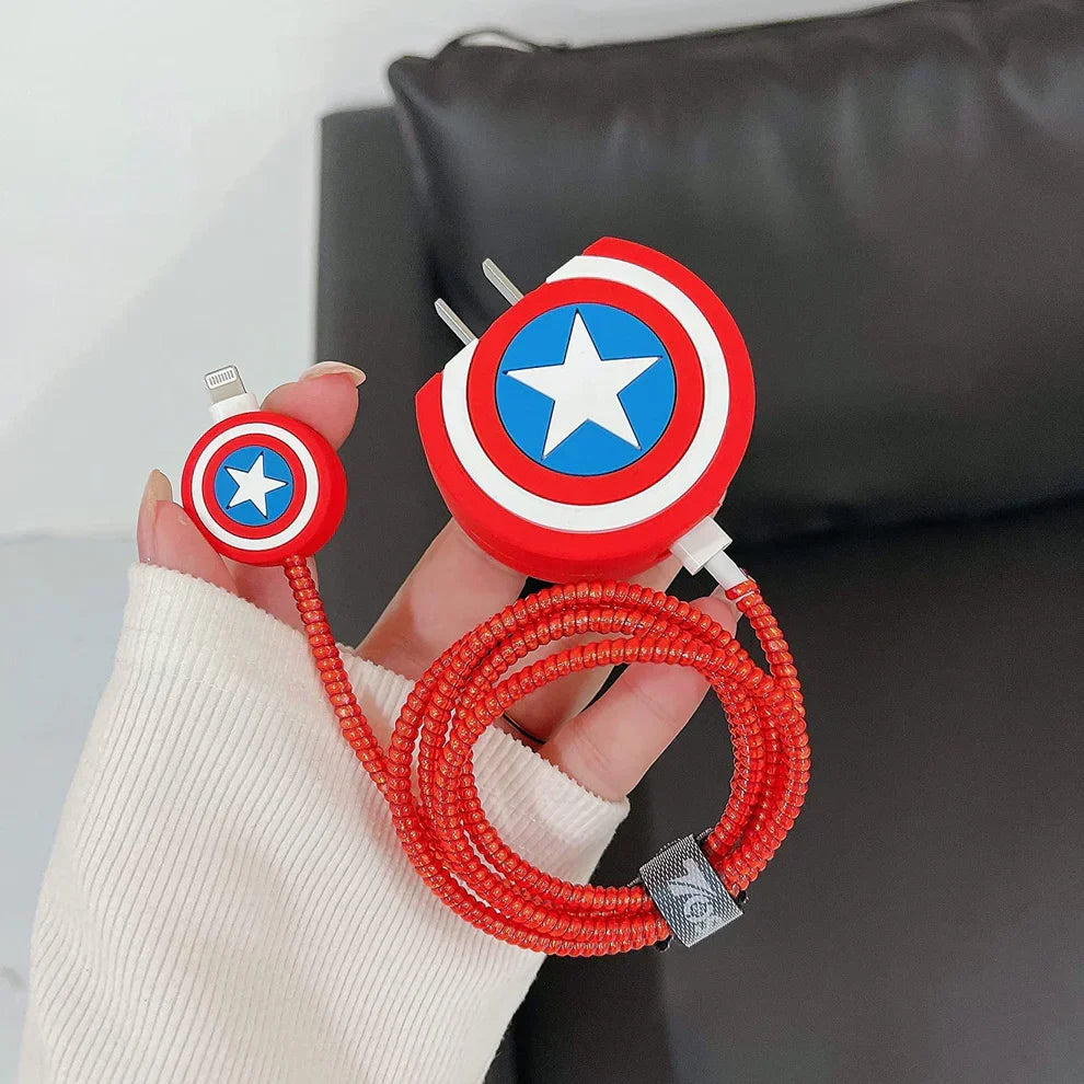Iphone Charger Case Cover - Captain America Shield  - 4 Piece Set (With Wire Protector)