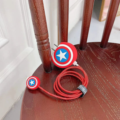 Iphone Charger Case Cover - Captain America Shield  - 4 Piece Set (With Wire Protector)