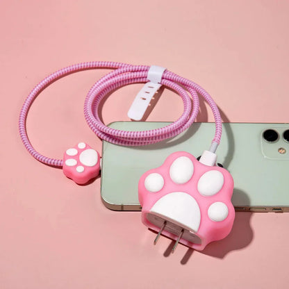 Iphone Charger Case Cover - Cute Paws - 4 Piece Set (With Wire Protector)