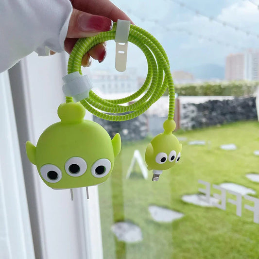 Iphone Charger Case Cover - Cute Aliens  - 4 Piece Set (With Wire Protector)