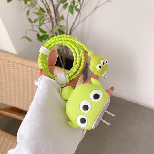 Iphone Charger Case Cover - Cute Aliens  - 4 Piece Set (With Wire Protector)