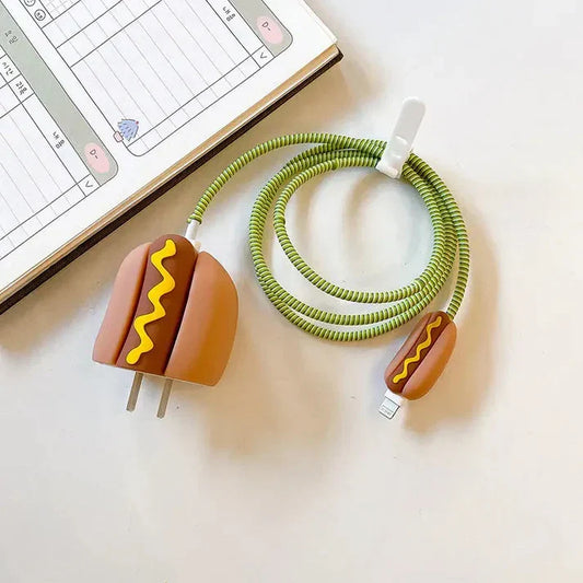 Iphone Charger Case Cover - Hot Dog - 4 Piece Set (With Wire Protector)