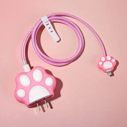 Iphone Charger Case Cover - Cute Paws - 4 Piece Set (With Wire Protector)