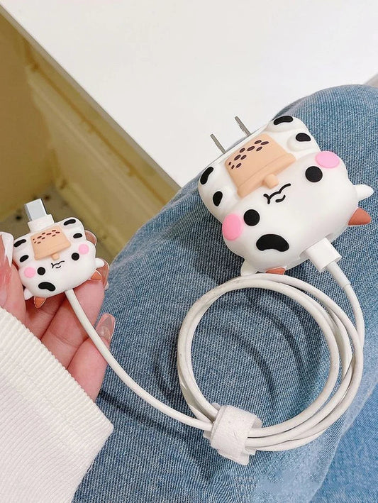 Iphone Charger Case Cover - Cute Cow - 4 Piece Set (With Wire Protector)