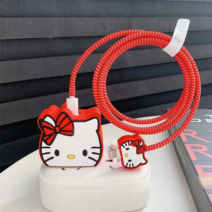 Iphone Charger Case Cover - Red Kitty - 4 Piece Set (With Wire Protector)