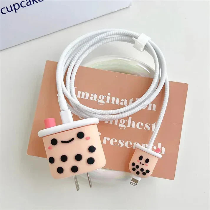 Iphone Charger Case Cover - Bubble Tea - 4 Piece Set (With Wire Protector)