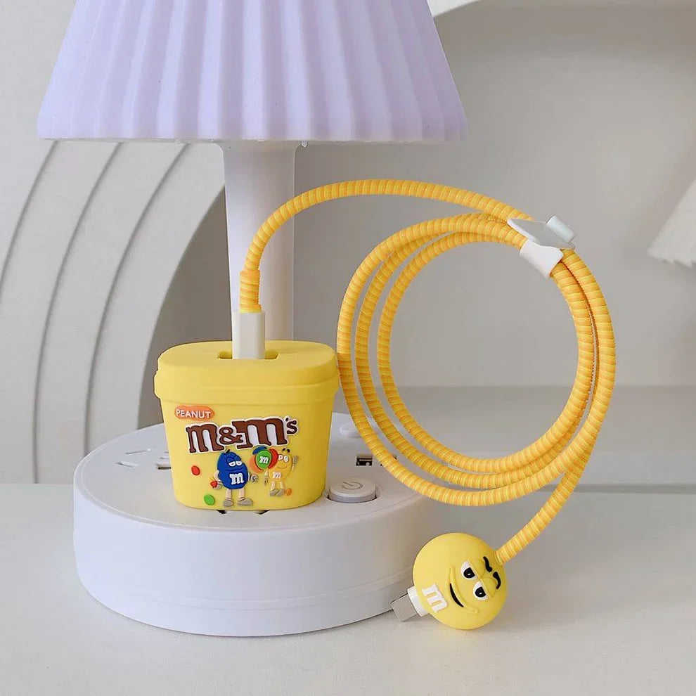 Iphone Charger Case Cover - Yellow M&Ms- 4 Piece Set (With Wire Protector)
