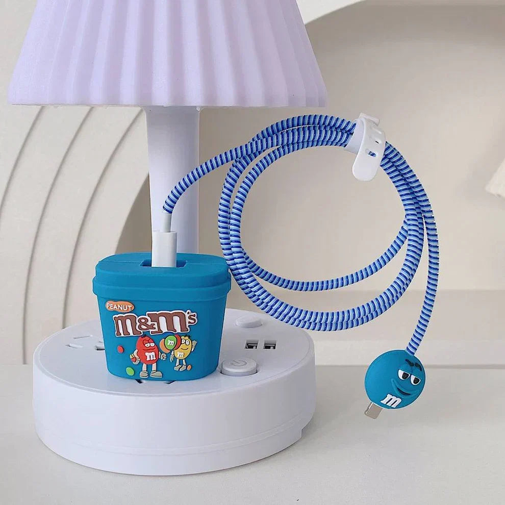 Iphone Charger Case Cover - M&Ms Blue - 4 Piece Set (With Wire Protector)