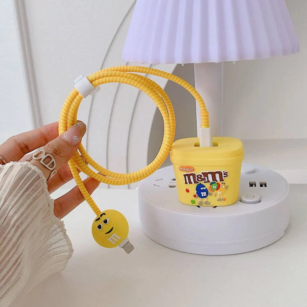 Iphone Charger Case Cover - Yellow M&Ms- 4 Piece Set (With Wire Protector)