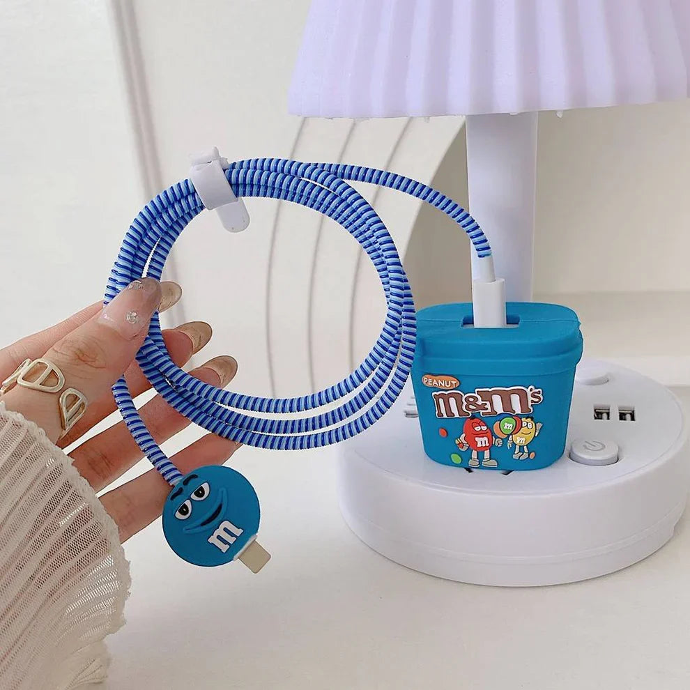 Iphone Charger Case Cover - M&Ms Blue - 4 Piece Set (With Wire Protector)