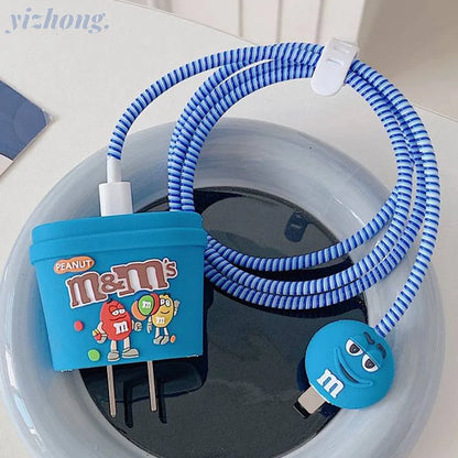 Iphone Charger Case Cover - M&Ms Blue - 4 Piece Set (With Wire Protector)