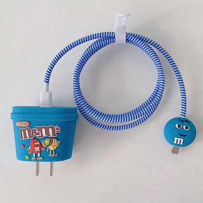 Iphone Charger Case Cover - M&Ms Blue - 4 Piece Set (With Wire Protector)