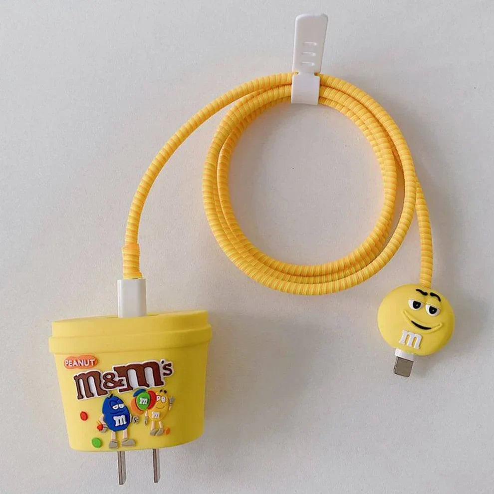 Iphone Charger Case Cover - Yellow M&Ms- 4 Piece Set (With Wire Protector)