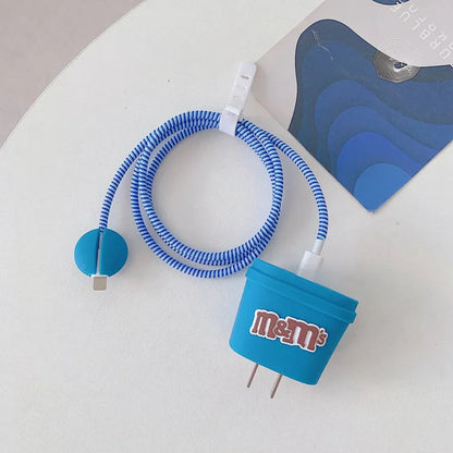Iphone Charger Case Cover - M&Ms Blue - 4 Piece Set (With Wire Protector)