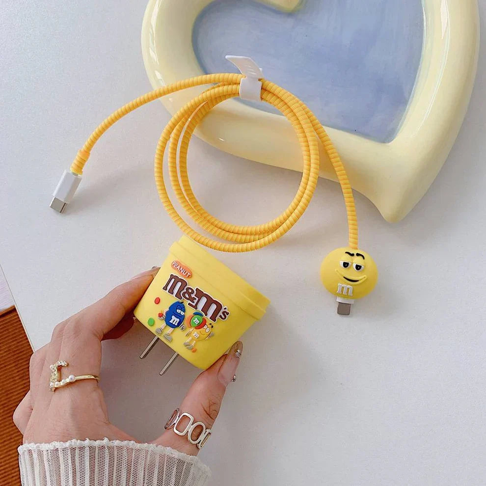 Iphone Charger Case Cover - Yellow M&Ms- 4 Piece Set (With Wire Protector)