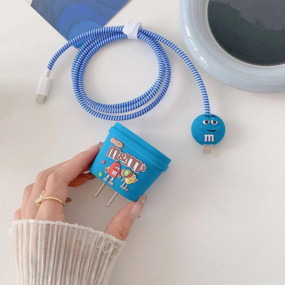 Iphone Charger Case Cover - M&Ms Blue - 4 Piece Set (With Wire Protector)