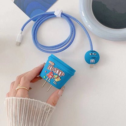 Iphone Charger Case Cover - M&Ms Blue - 4 Piece Set (With Wire Protector)